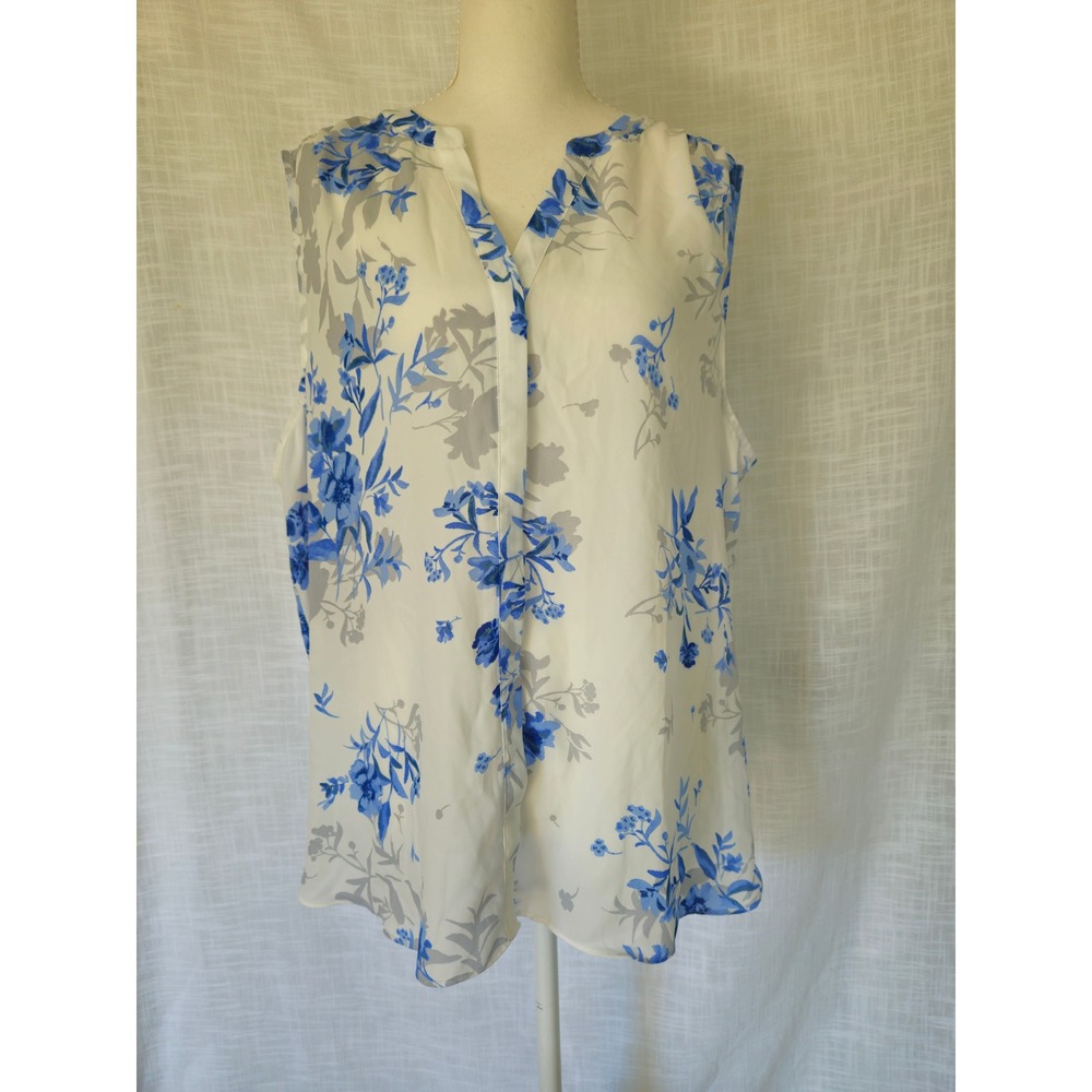 NYDJ Floral Sleeveless Blouse Womens XL White Blue Cottagecore Summer Coastal